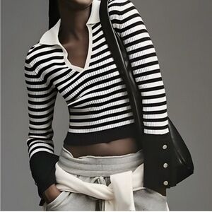 Anthropologie Maeve black & white striped V neck sweater w/ collar